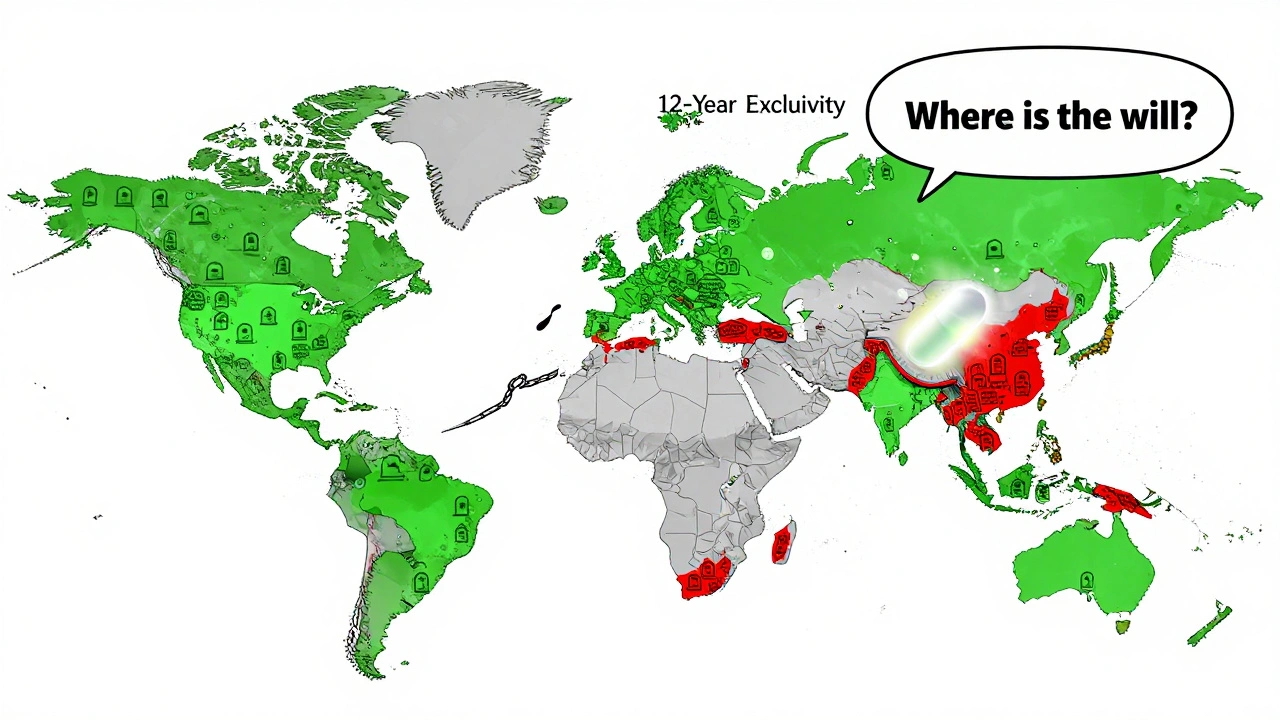 Une carte du monde contrastant l&#039;Europe verte et les États-Unis gris avec 118 médicaments expirés.