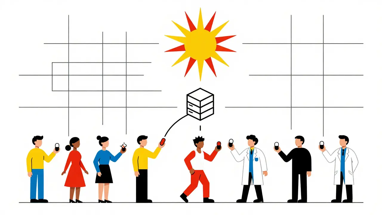 Une chaîne de formes géométriques relie patients et agences de santé, une pilule fissurée alimente une base de données centrale.