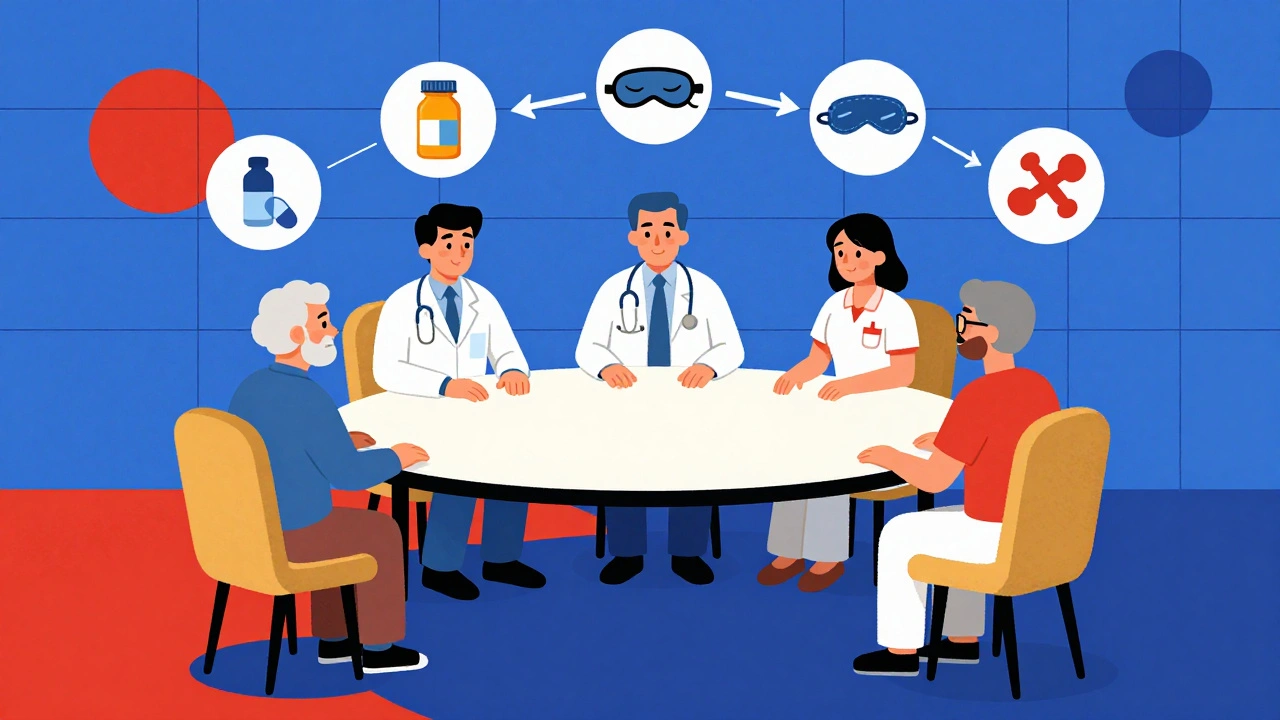 Une équipe soignante et un patient âgé en cercle, entourés d&#039;icônes de traitements médicamenteux et non médicamenteux.