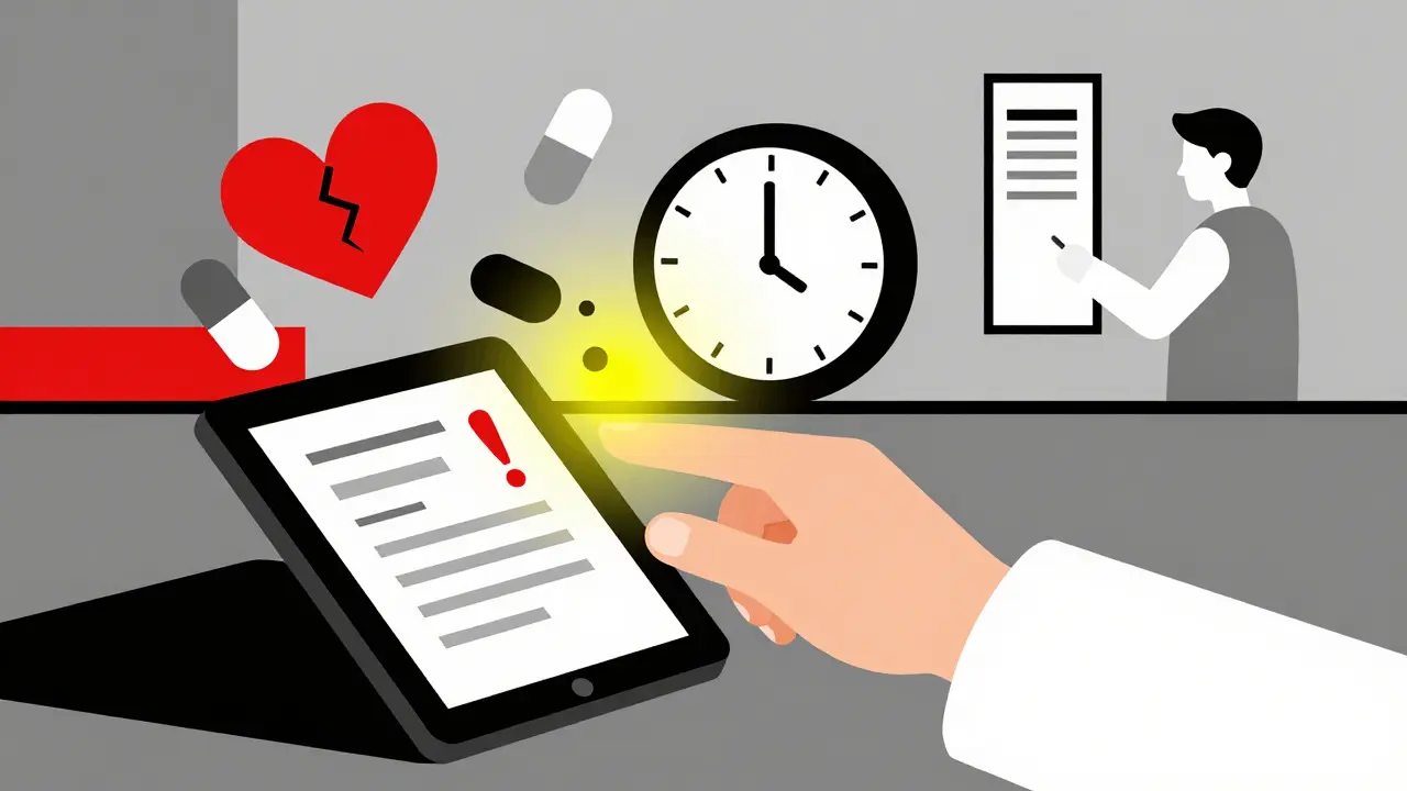 Une main de pharmacien remplit un formulaire numérique en ligne avec un symbole d'alerte rouge, entouré d'icônes abstraites.