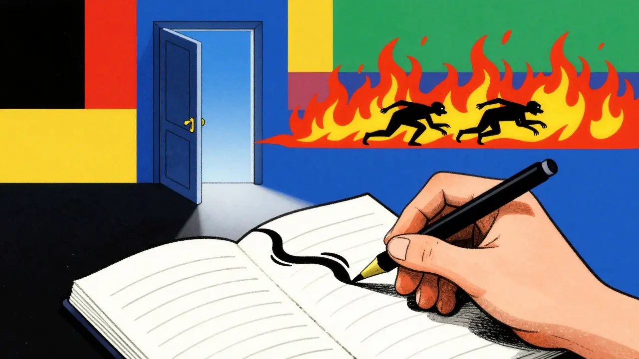 Une main qui écrit un cauchemar, tandis qu'une nouvelle version paisible apparaît en couleurs primaires au-dessus.