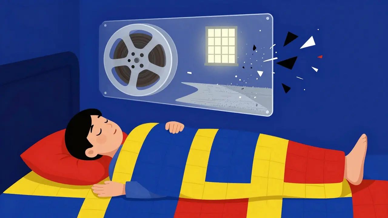 Une personne endormie, avec un rêve réécrit projeté en formes géométriques de couleurs vives au-dessus d'elle.