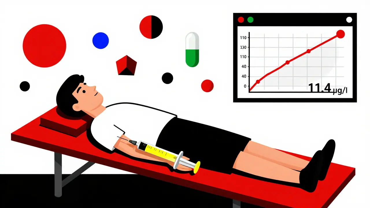 Urgence médicale avec injection d'adrénaline et mesure de tryptase en style dé Stijl.