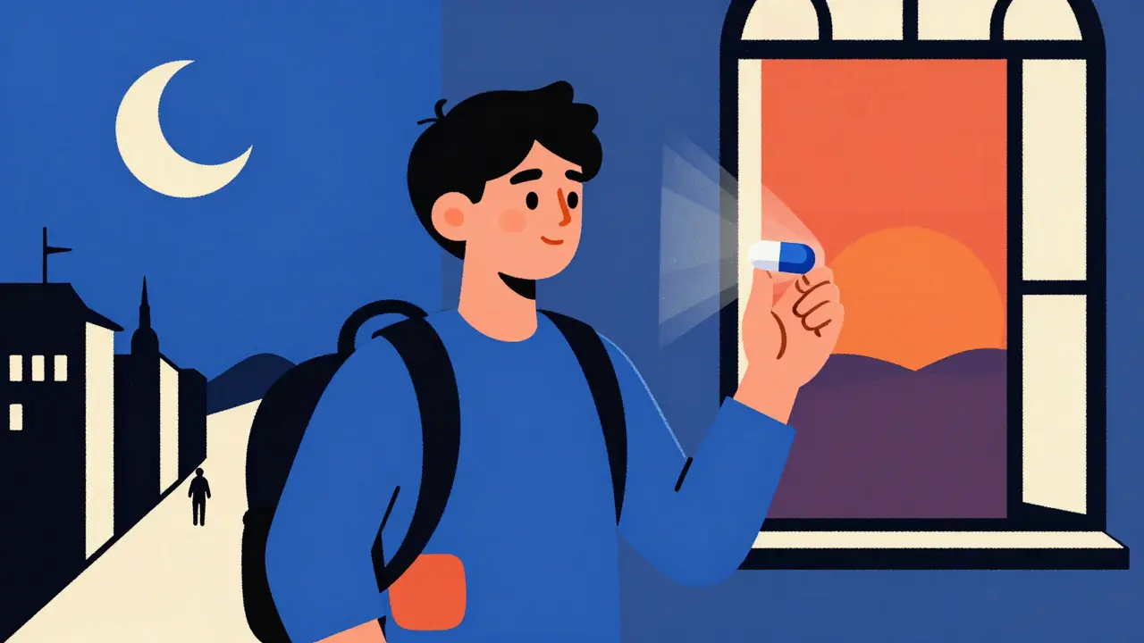 Voyageur recevant la lumière du matin en tenant une capsule de mélatonine, avec des chemins orientés est et ouest.