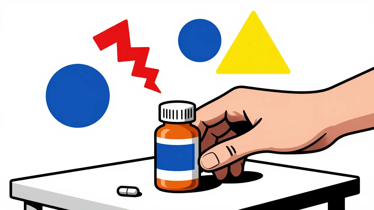 Bouteille de supplément sur une table avec des symboles abstraits d'interactions médicales.