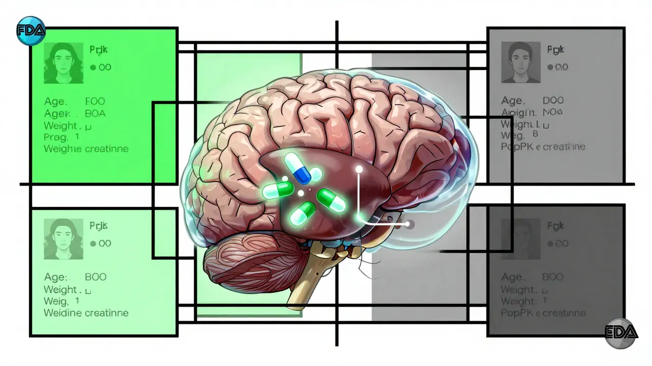 Cerveau et foie transparents avec molécules de médicament et grille Mondrian affichant des profils patients, logos FDA et EMA aux extrémités.