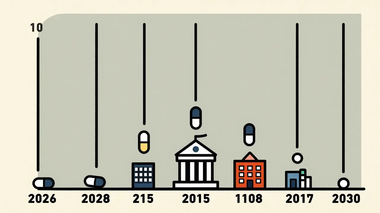 Chronologie géométrique montrant l'expansion des médicaments négociés de 2026 à 2030 sous l'égide du gouvernement.
