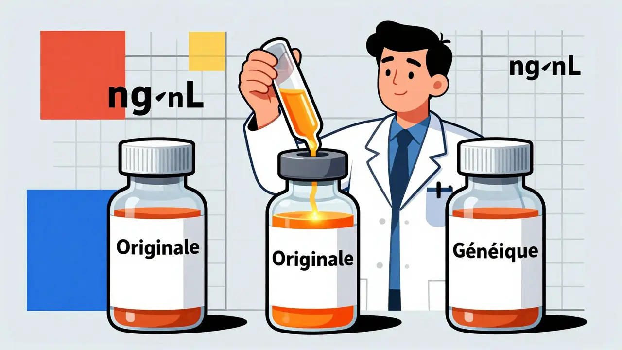 Clinicien comparant deux pilules génériques dans un flux sanguin stylisé, avec des valeurs de concentration en géométrie abstraite.