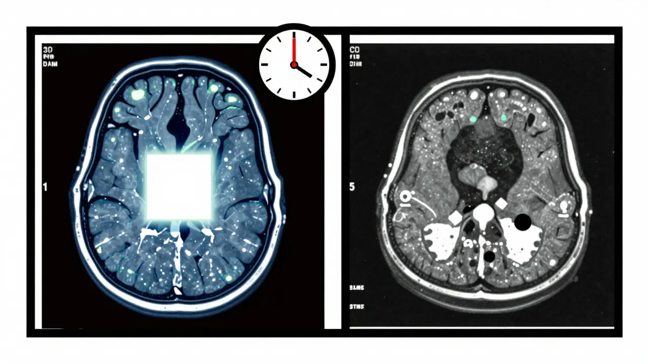 Comparaison abstraite IRM et TDM en blocs colorés, avec horloge et lignes de grille.