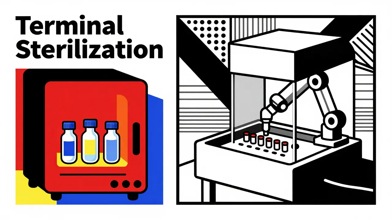 Comparaison stylisée entre stérilisation terminale et remplissage aseptique, en formes géométriques et couleurs primaires.