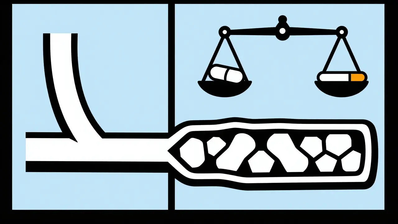 Comparaison visuelle d'une artère saine et obstruée avec éléments géométriques et balance
