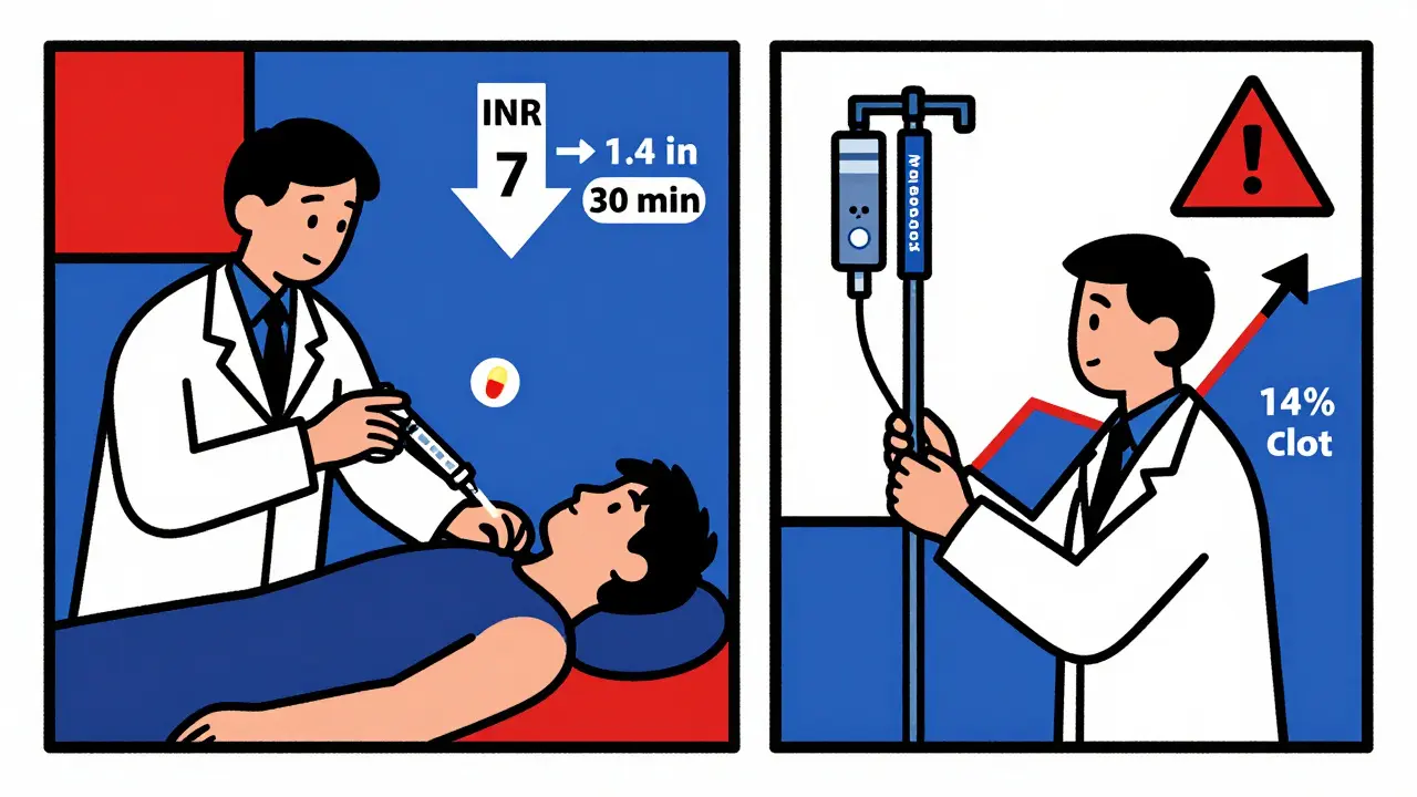 Comparaison visuelle entre CCK et Andexanet Alfa avec symboles de risque et d'efficacité en style De Stijl.