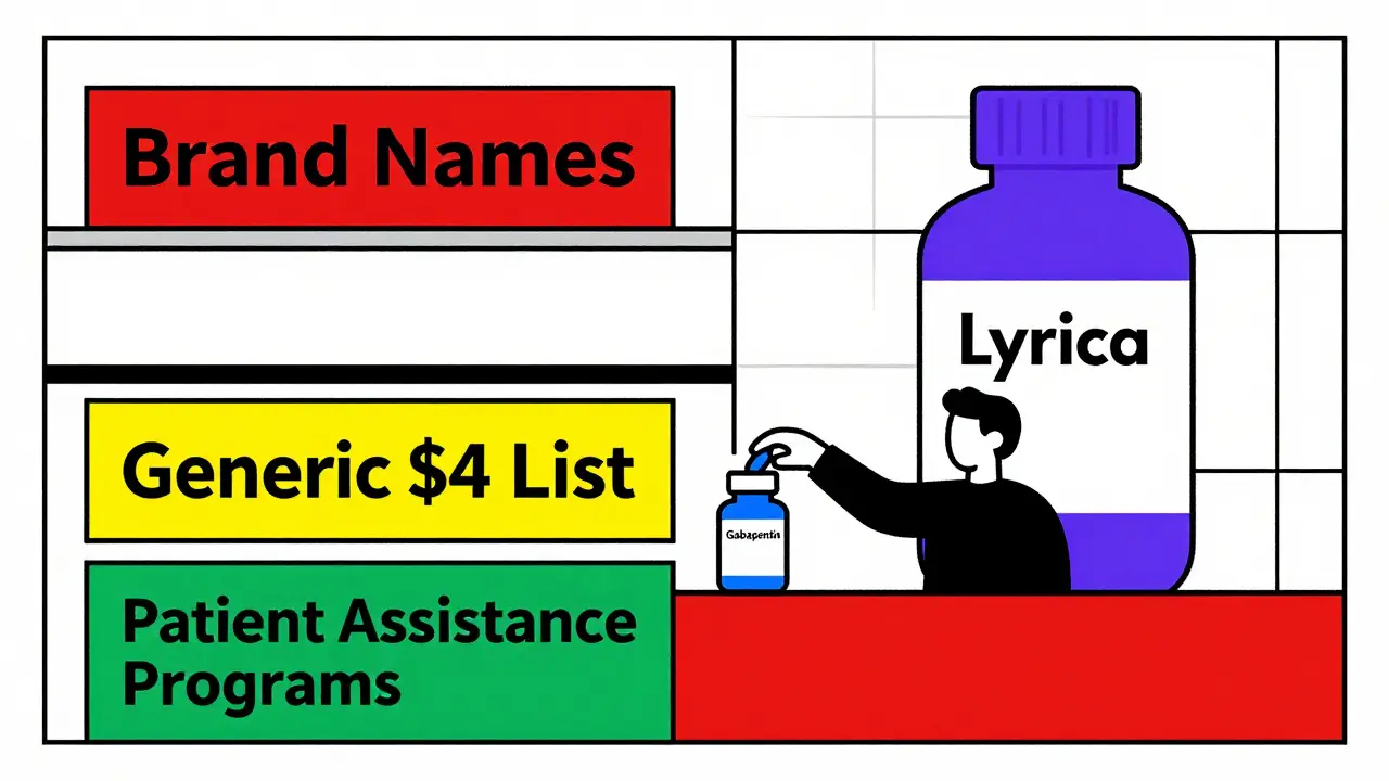 Comptoir de pharmacie avec trois étagères montrant les options de médicaments selon leur coût et leur accessibilité.