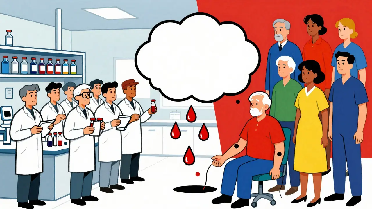 Contraste entre volontaires sains en laboratoire et patients divers avec des gouttes de sang versées dans un nuage de données.