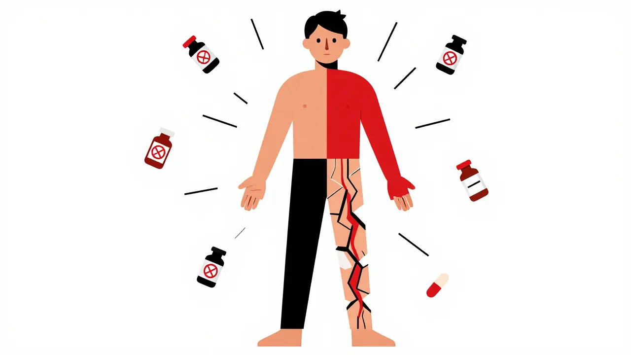 Corps divisé : partie supérieure saine, partie inférieure avec peau qui se détache en fragments géométriques, symbole d'une réaction cutanée toxique.