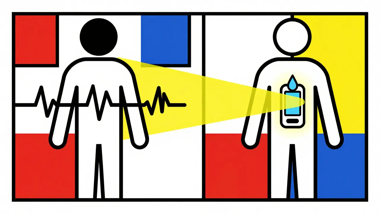 Corps humain stylisé : les signes d'hypoglycémie bloqués sauf une goutte de transpiration, entouré de couleurs primaires.