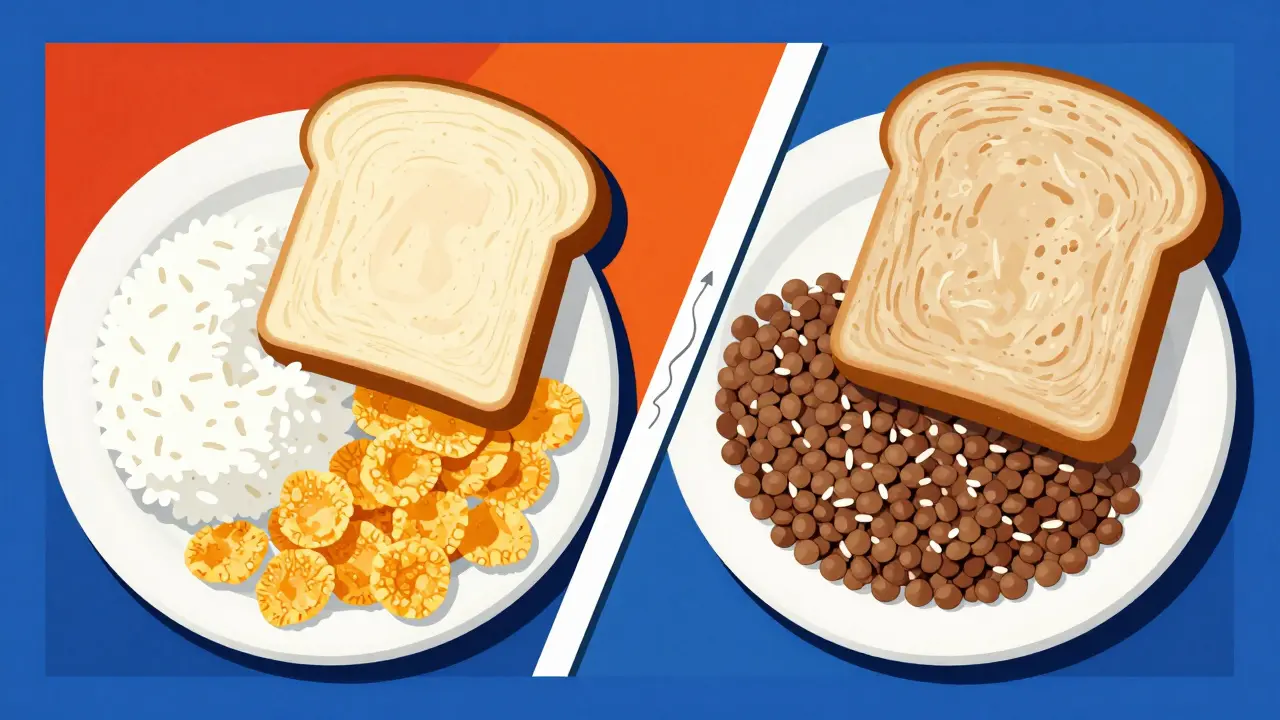 Deux assiettes comparées : glucides raffinés vs. glucides complets, style De Stijl.