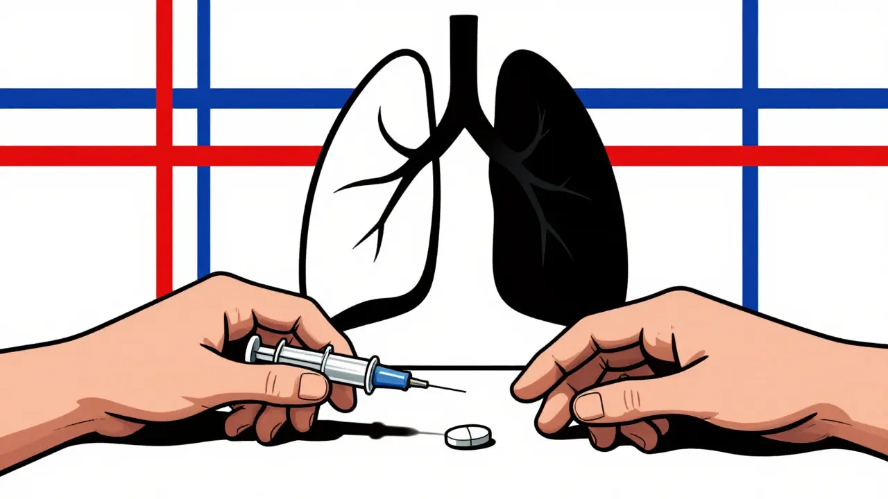 Deux mains se rejoignant autour d'un poumon partiellement sombre, avec une injection de naloxone.