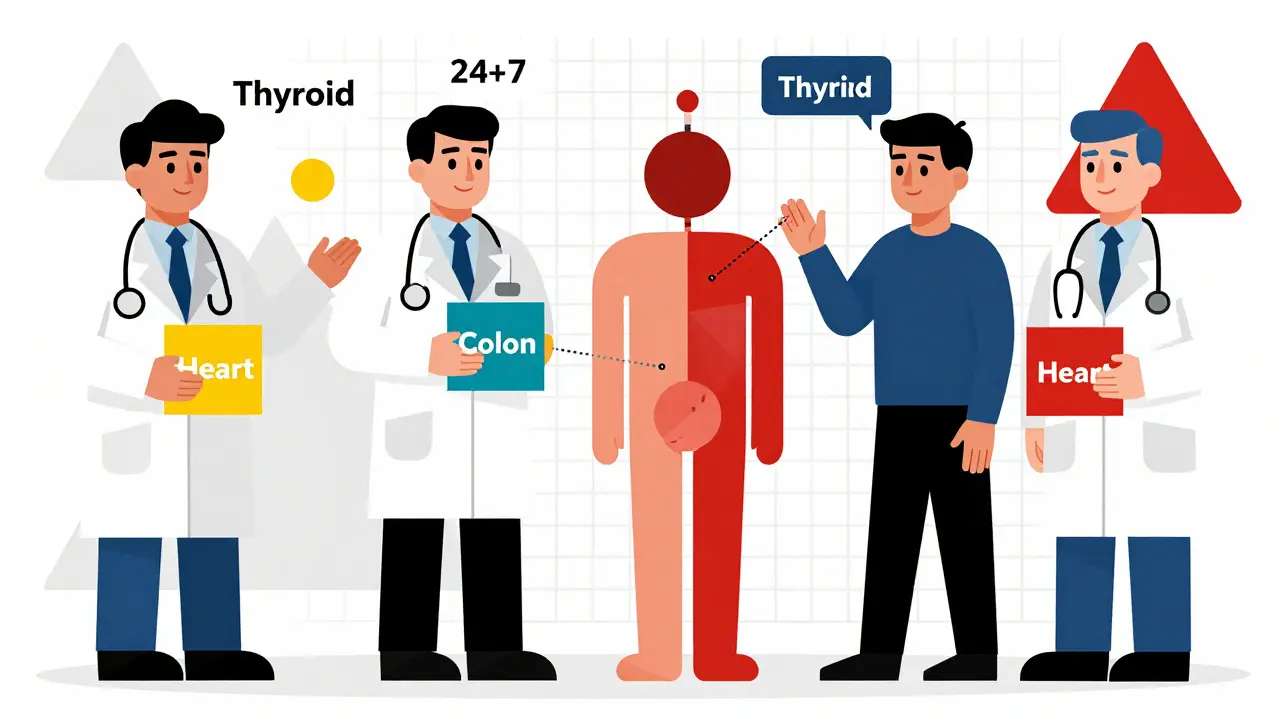 Équipe médicale géométrique connectée à un patient, avec triangles rouges d'alerte pour une prise en charge rapide.
