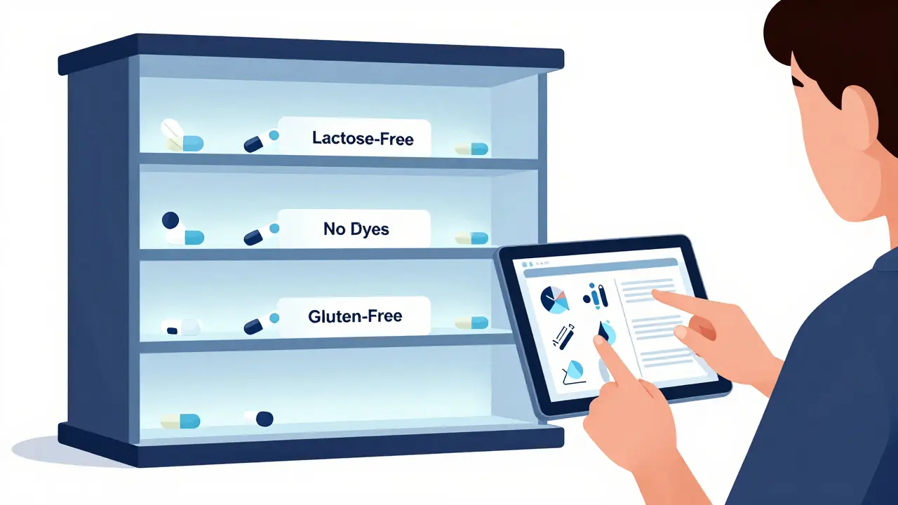 Étagère de médicaments personnalisés sans lactose ni colorants, en lignes géométriques pures, symbolisant une pharmacie du futur.