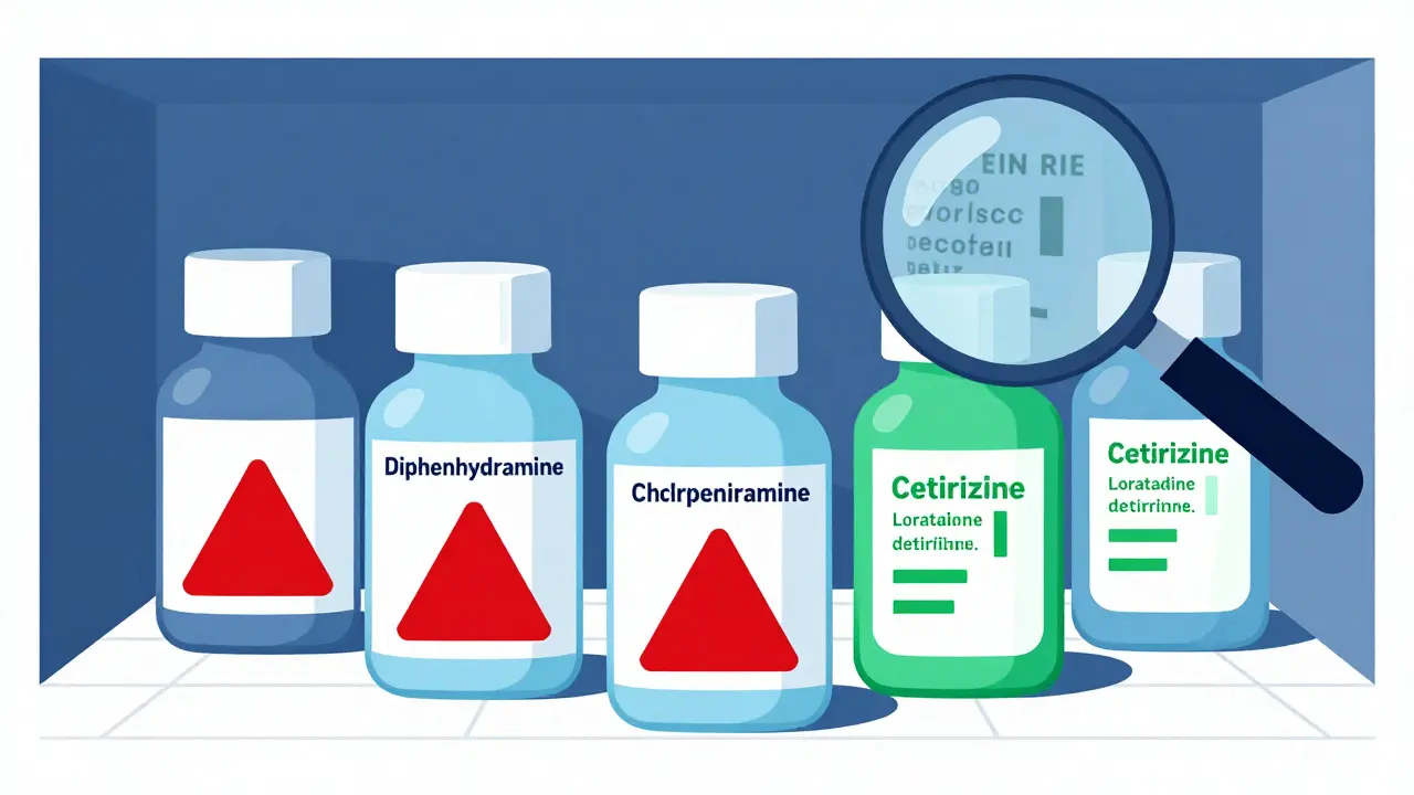 Étagère de pharmacie avec médicaments dangereux marqués en rouge et alternatives sûres en bleu, dans un style géométrique De Stijl.