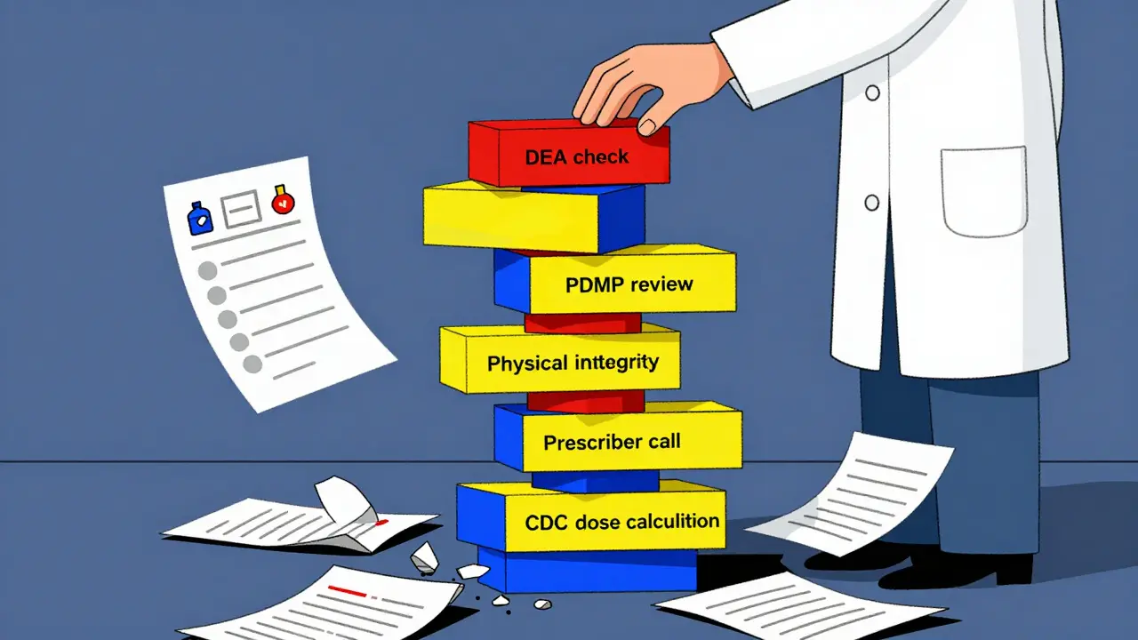 Five-step verification tower in primary colors, with pharmacist placing final safety check block at the top.