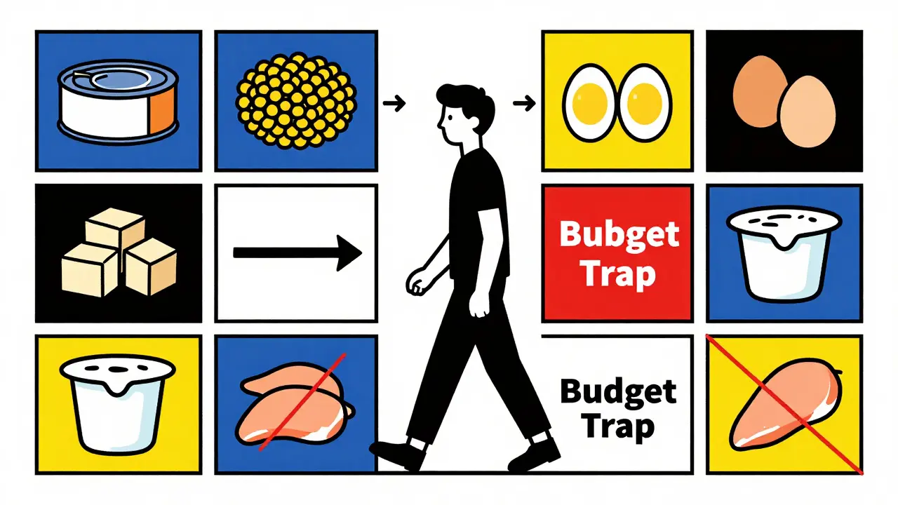 Grille hebdomadaire d'aliments protéinés abordables, avec une flèche vers une personne marchant librement.