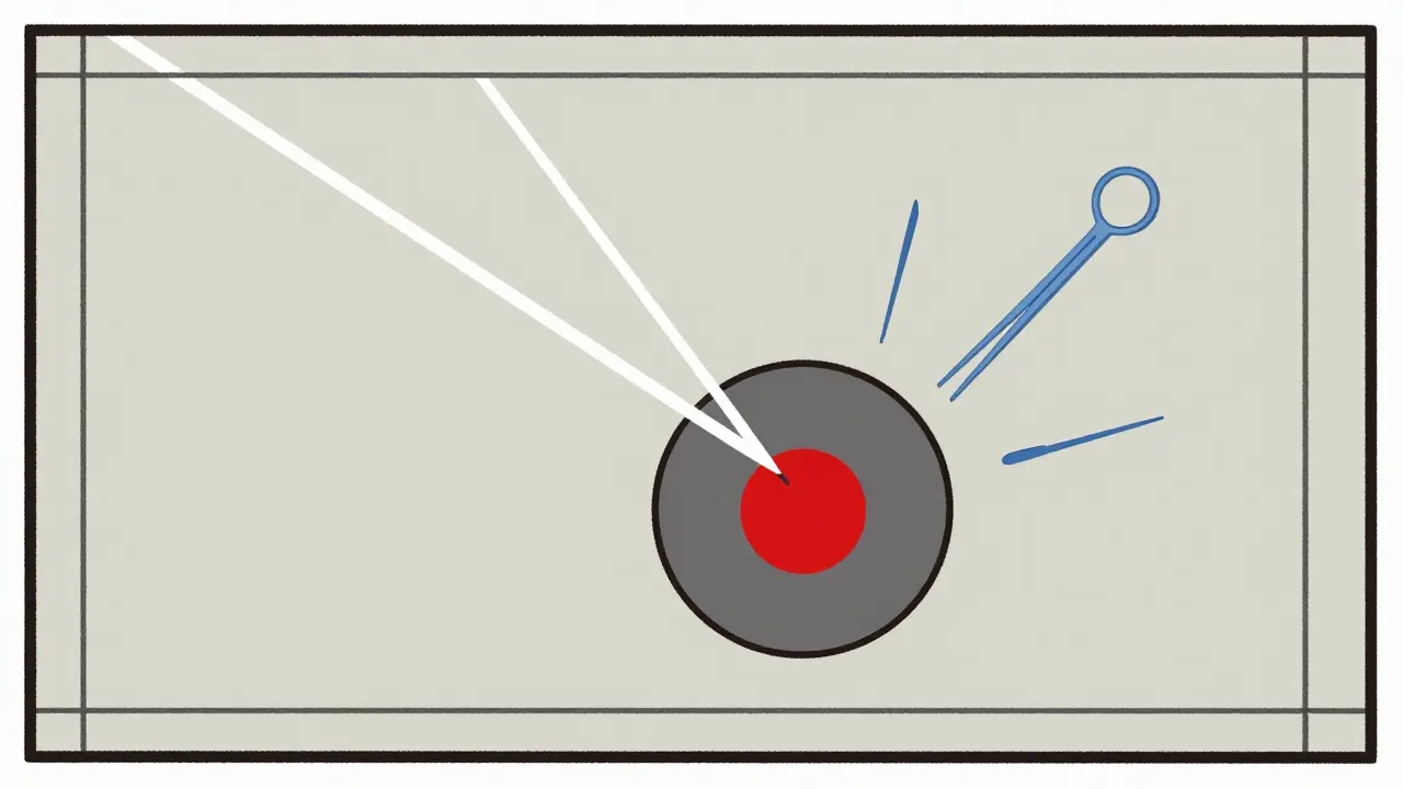 Intervention chirurgicale transsphénoïdale stylisée en lignes droites et formes abstraites.