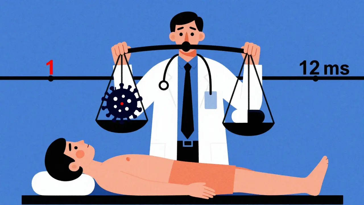 Médecin équilibrant un cancer et un corticoïde, avec un calendrier des symptômes en lignes géométriques.