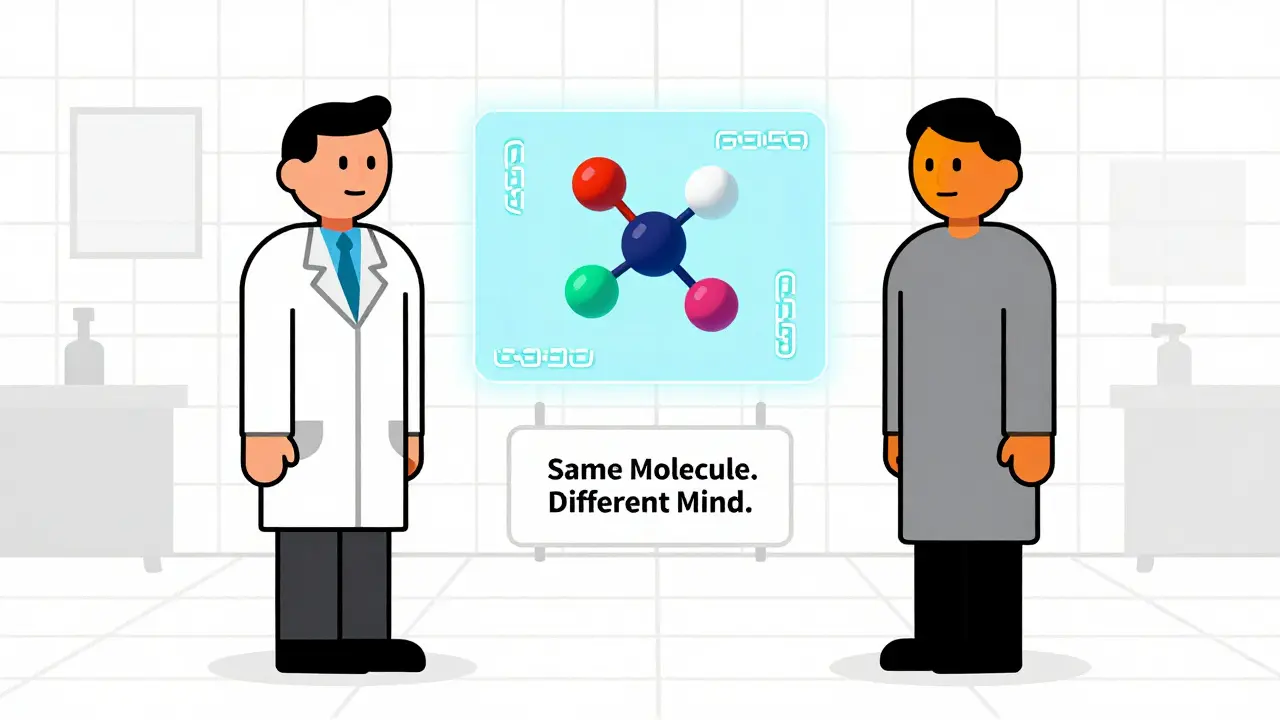 Médecin et patient face à une hologramme 3D de molécule identique, dans un style géométrique De Stijl, avec chaînes blockchain et lumières contrastées.