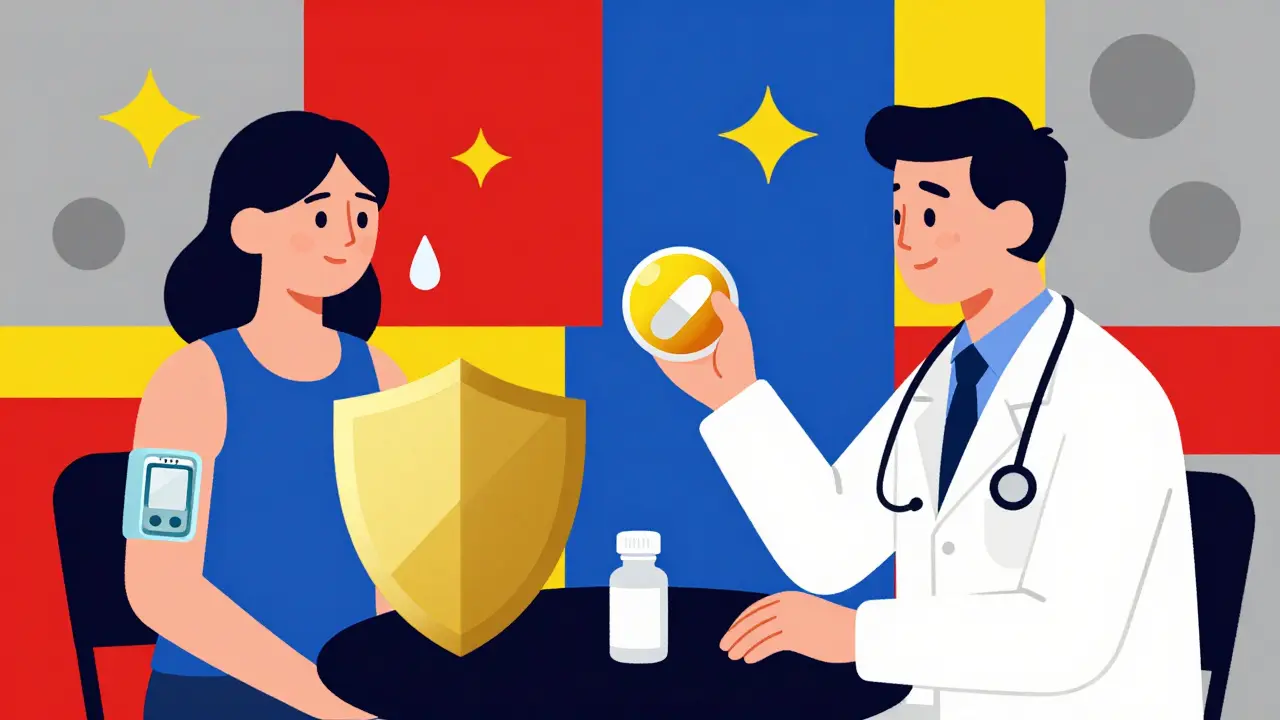 Médecin tenant le carvedilol comme un bouclier, patient en sécurité avec un capteur, gouttes de transpiration en l'air.