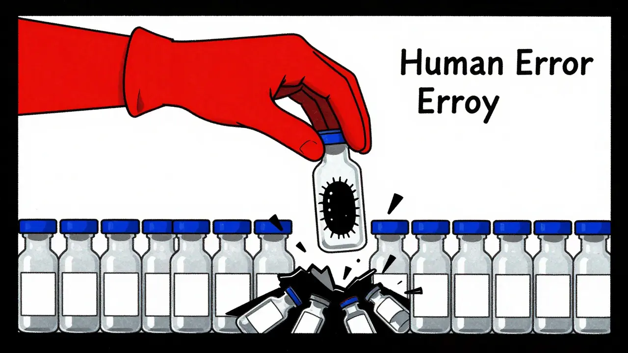 Microbe pénétrant un flacon par un gant déchiré, entouré de vases brisés et d'une main symbolique représentant l'erreur humaine.