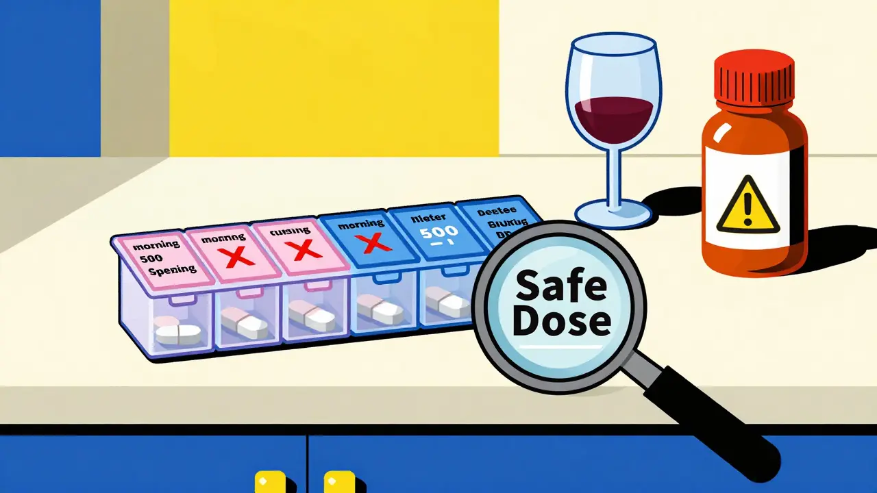 Organisateur de pilules avec dose sécurisée et警示 symbols sur un comptoir de cuisine en style De Stijl.