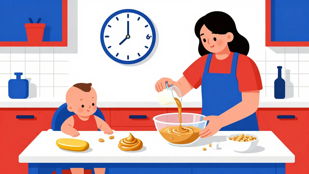 Parent prépare du beurre de cacahuète en sécurité dans une cuisine stylisée aux couleurs primaires.