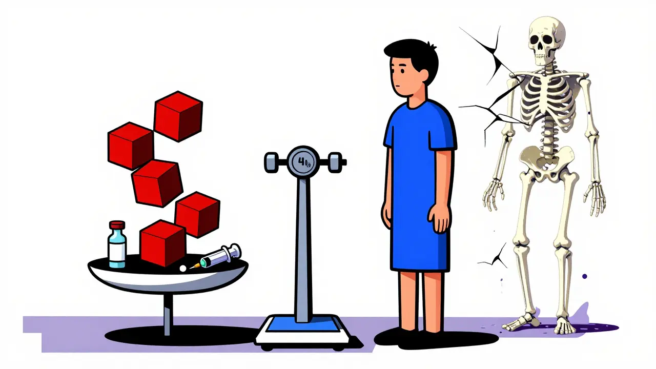 Patient après chirurgie : poids perdu, traitement hormonal et os fragiles représentés en formes géométriques.