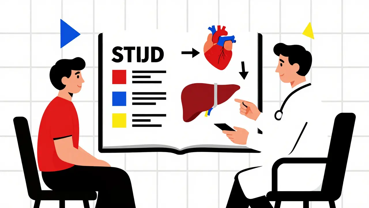 Patient discutant avec un médecin dans une pièce géométrique stylisée.