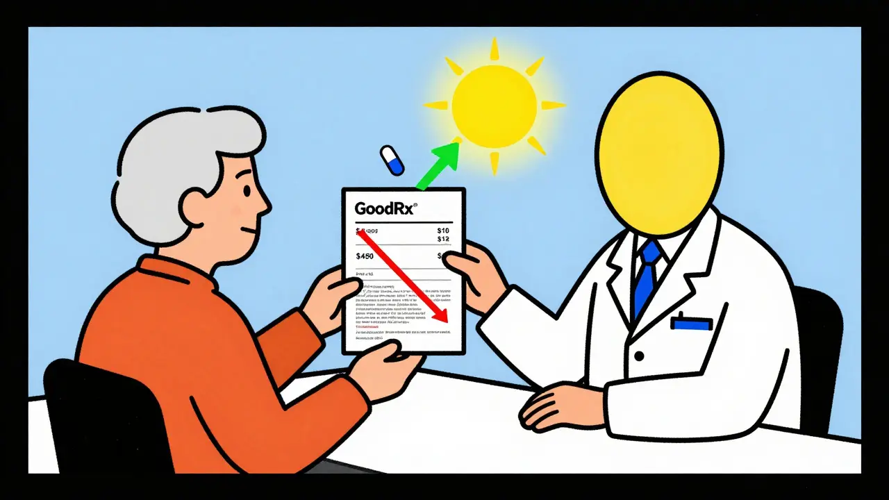 Patient et médecin discutant d'une alternative médicamenteuse avec un diagramme de réduction de prix en arrière-plan.