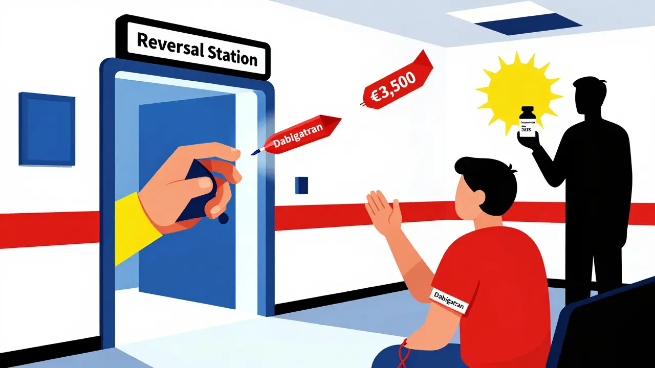 Patient portant un bracelet d'alerte médicale approchant une station de reversal avec idarucizumab et un nouvel agent futuriste.