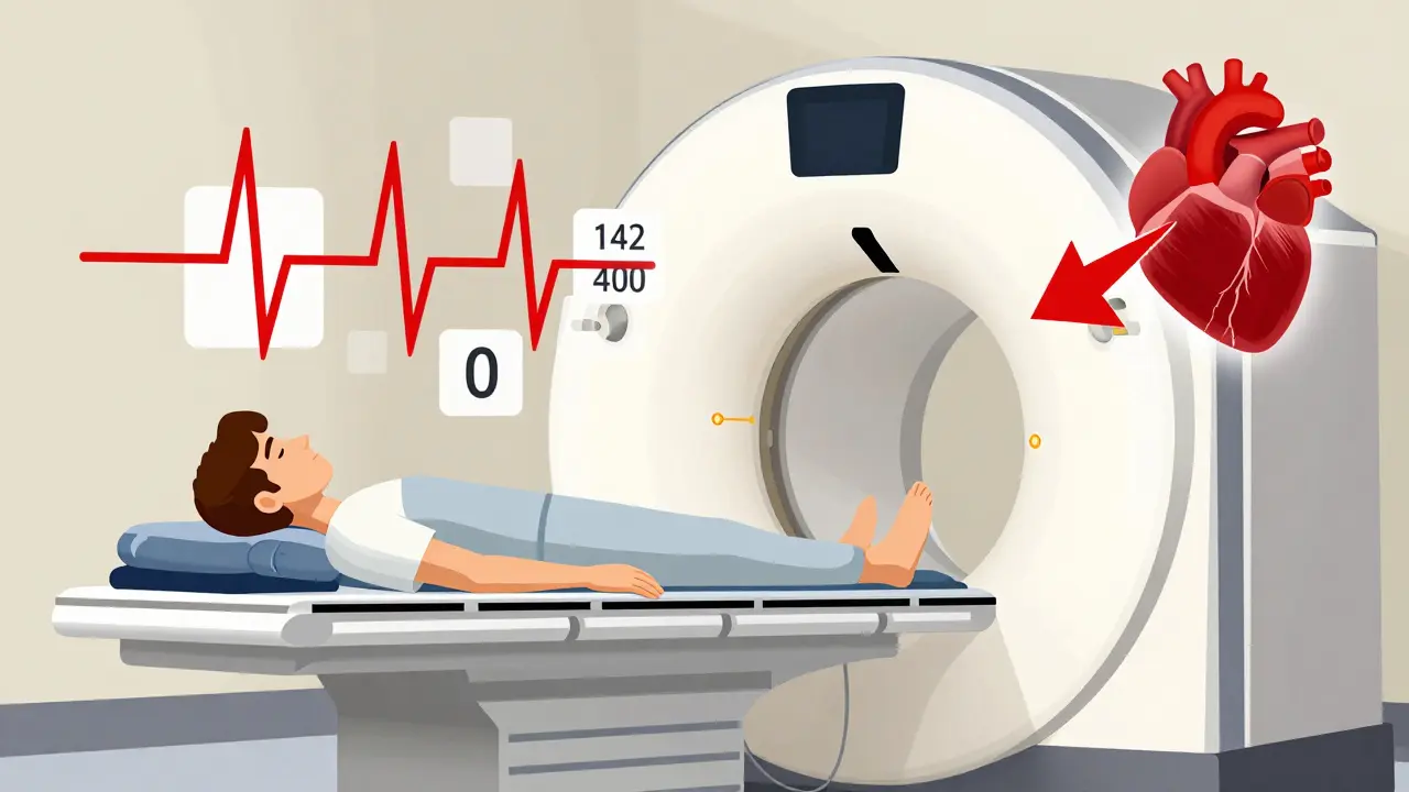 Patient sur un scanner CT entouré de symboles abstraits représentant le score de calcification