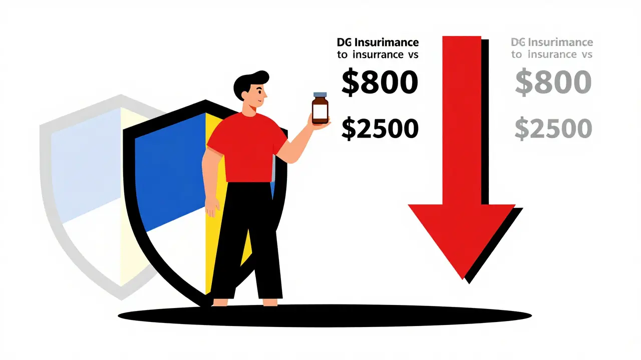 Patient tenant une bouteille de médicament à prix réduit, avec un bouclier Medicare et des assureurs privés copiant la baisse.