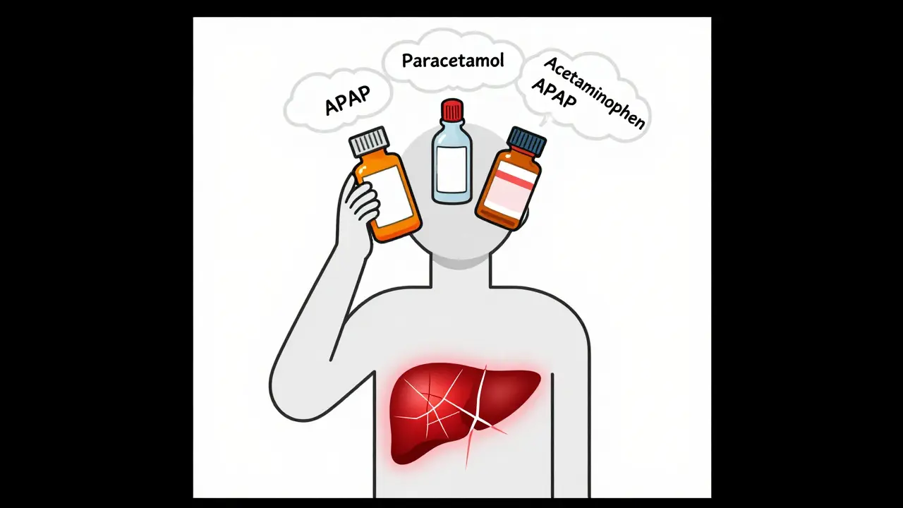Personne tenant plusieurs médicaments contenant de l'acétaminophène, avec un foie endommagé en arrière-plan.