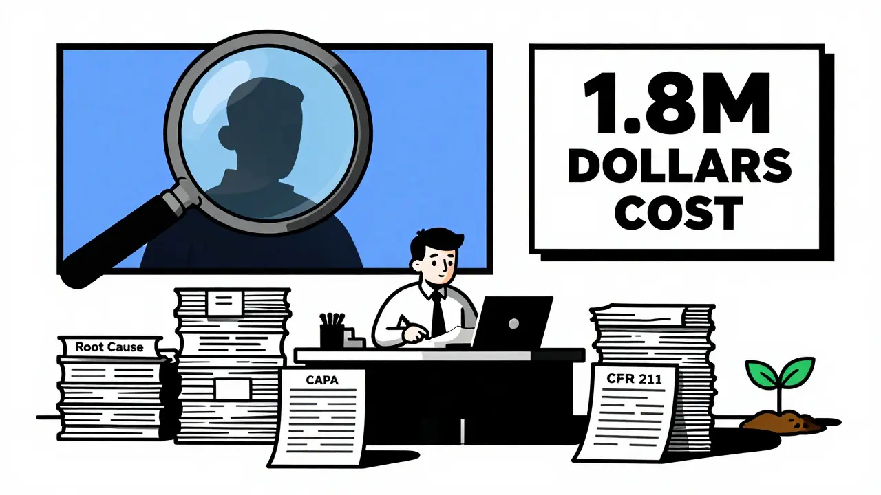 Petit propriétaire face à des documents de correction, surveillé par une silhouette FDA, avec un signe indiquant le coût élevé.