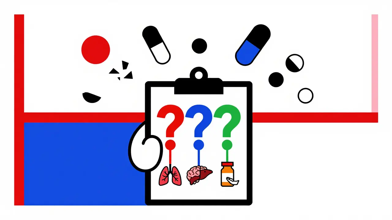 Pharmacien avec cinq questions géométriques et pilules divisées par des lignes rouges et bleues.