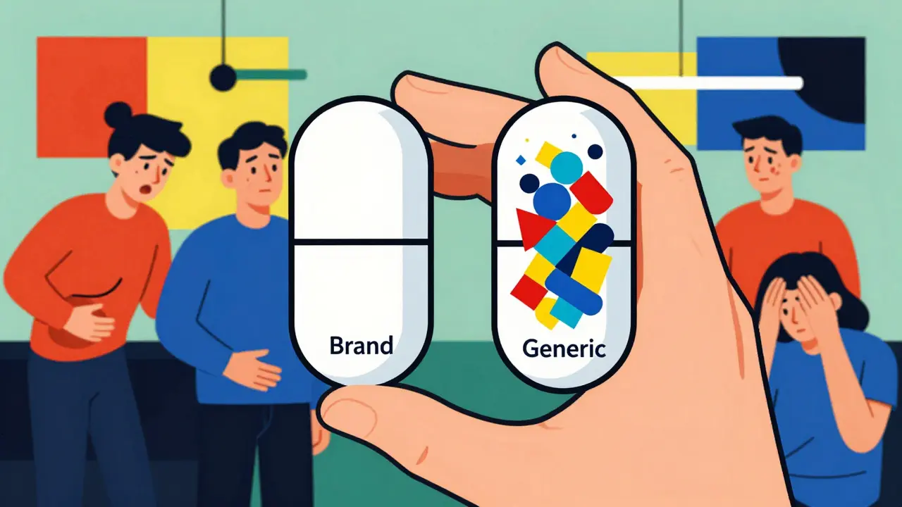 Pharmacien comparant deux pilules identiques, l'une propre, l'autre chargée de formes colorées représentant des ingrédients inactifs.