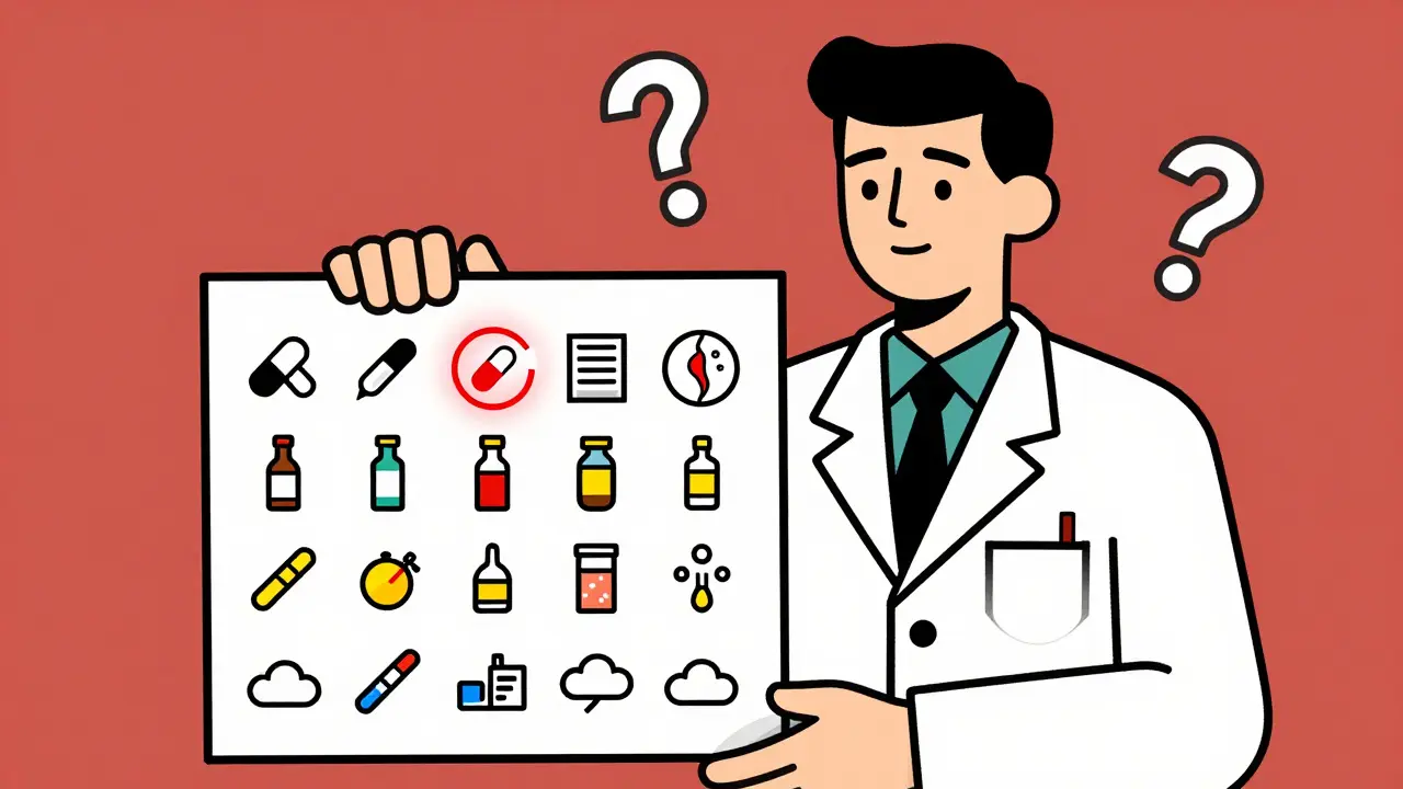 Pharmacien vérifiant une liste d'icônes de substances, une seule en rouge et brisée.