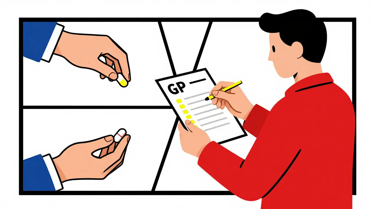 Pharmacien vérifiant une ordonnance avec trois mains connectées par des lignes géométriques en style De Stijl.