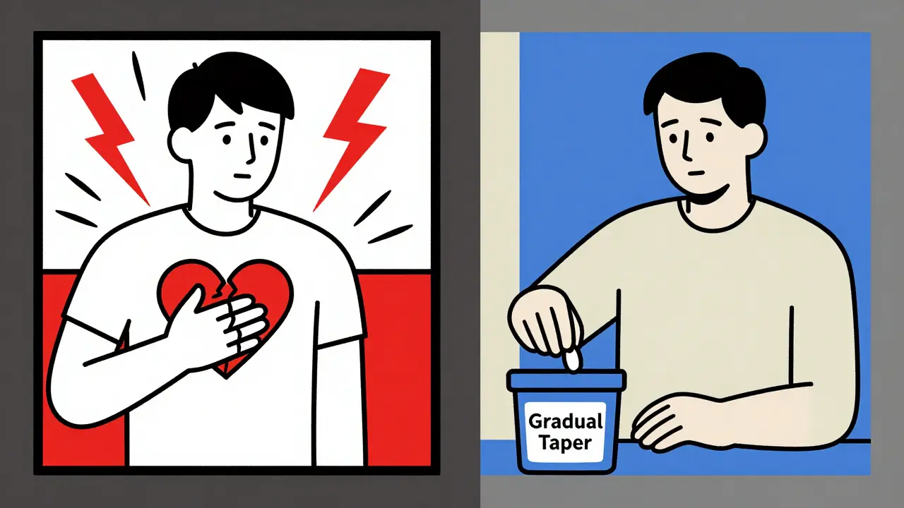 Scène divisée : cœur en détresse à gauche, sevrage contrôlé à droite, en lignes noires et couleurs primaires.