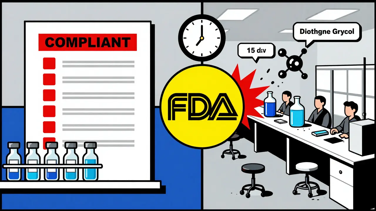 Scène divisée : d'un côté un laboratoire conforme, de l'autre une ligne de production chaotique avec contamination visible.