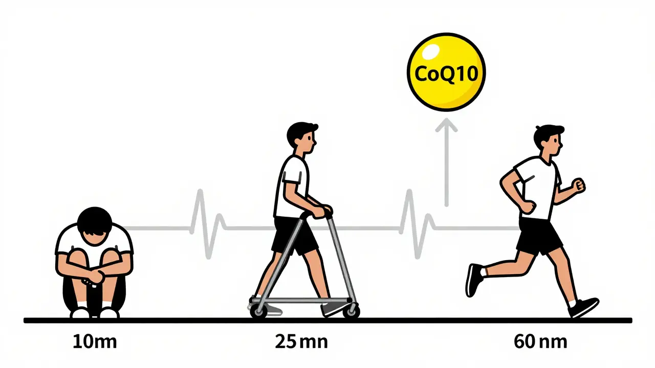 Séquence de trois personnages progressant dans leur activité physique, avec une molécule CoQ10 qui s'agrandit.