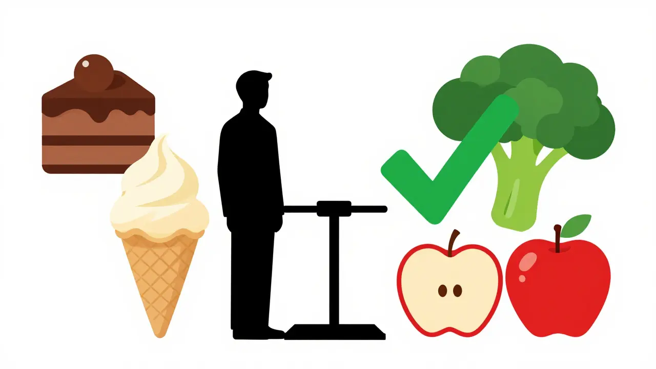 Silhouette humaine entourée de desserts et d'aliments sains en formes géométriques, style De Stijl.